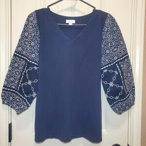 J. Jill Navy Blouse with White Embroidery